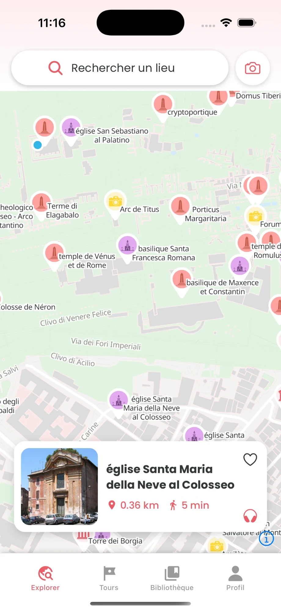 Carte de Guidly avec les monuments à découvrir autour de soi, à Rome