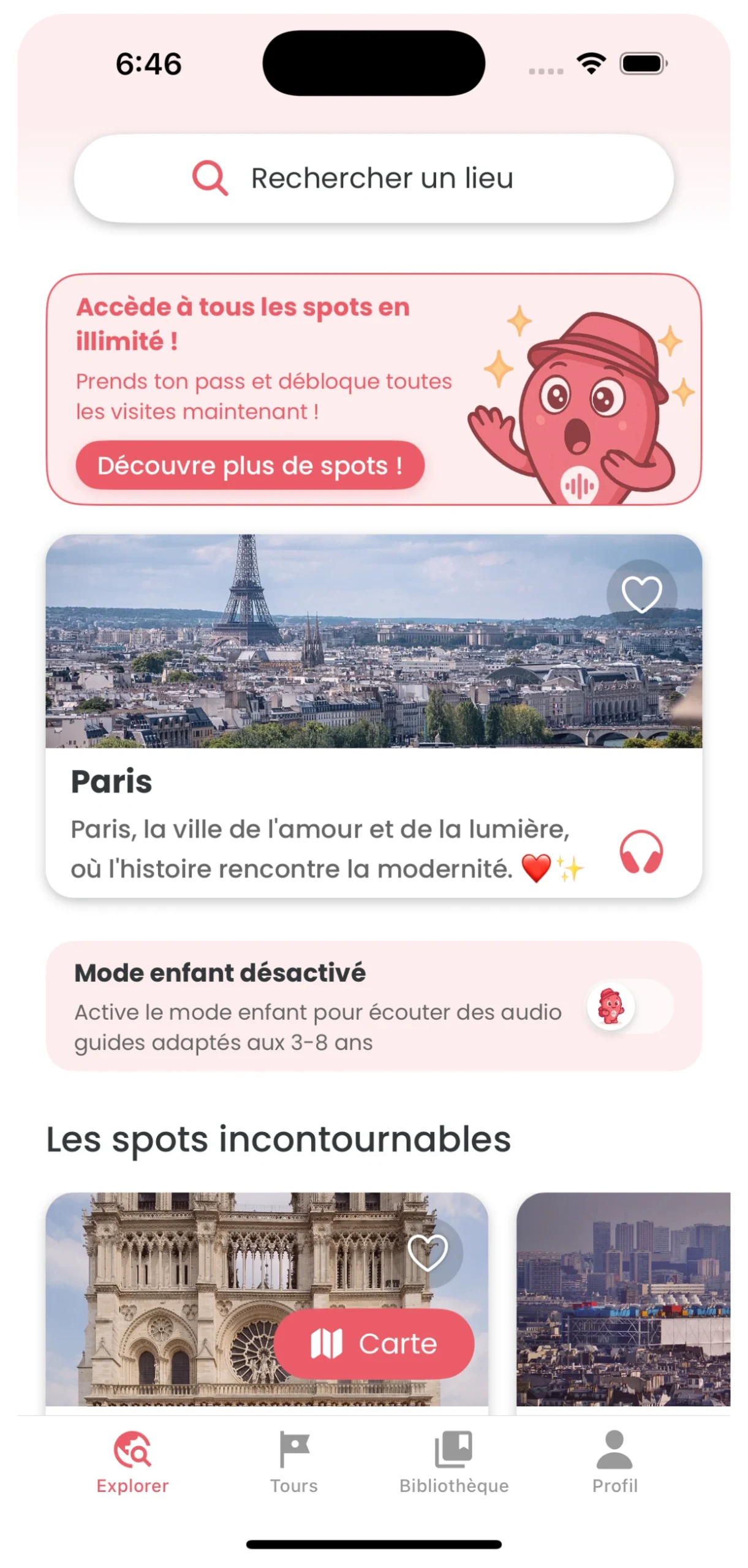 Écran d’accueil de Guidly avec les lieux à explorer autour de soi