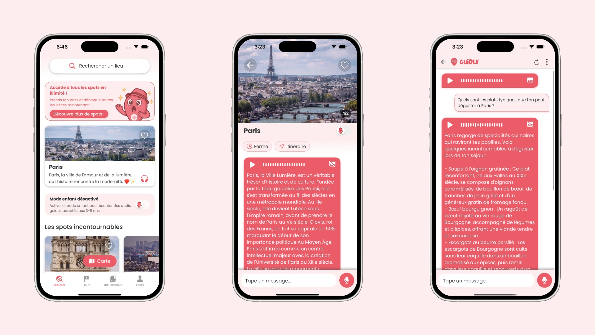 Trois écrans de l’application Guidly : accueil, guide audio de Paris et questions